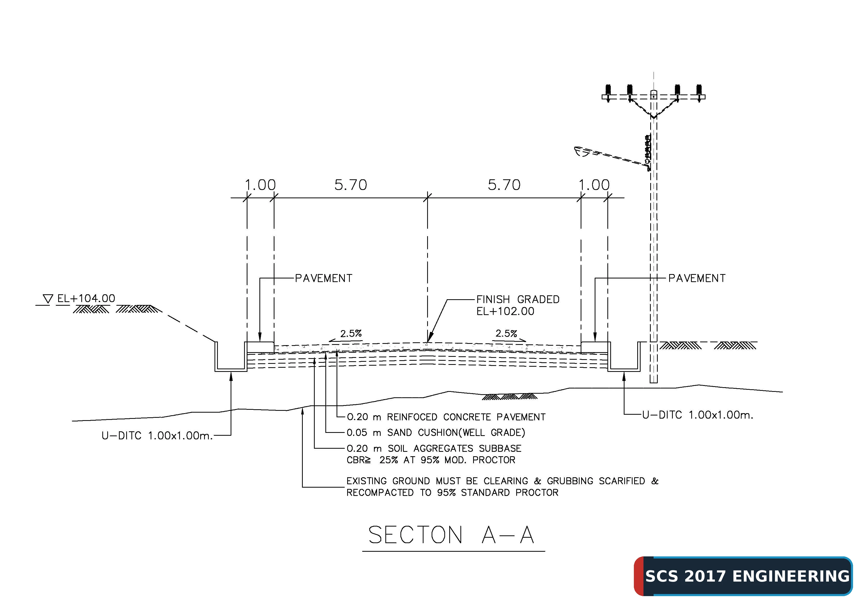 แบบก่อสร้างถนน Road No.1 และรูปตัด Section A-A รางระบายน้ำ U-Ditch