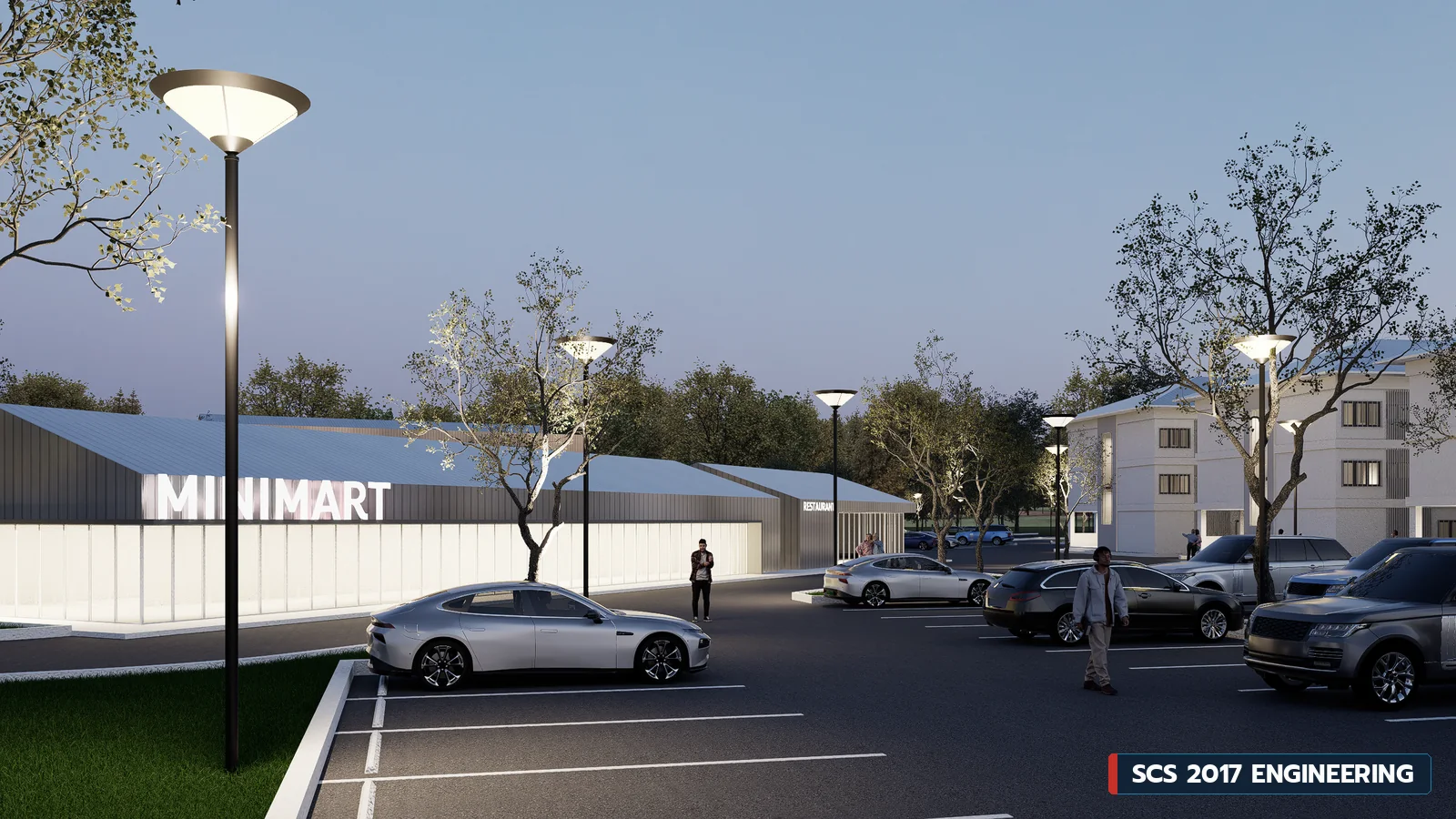 ภาพ 3D อาคารพาณิชย์ชั้นเดียว MINIMART และ RESTAURANT พร้อมลานจอดรถ